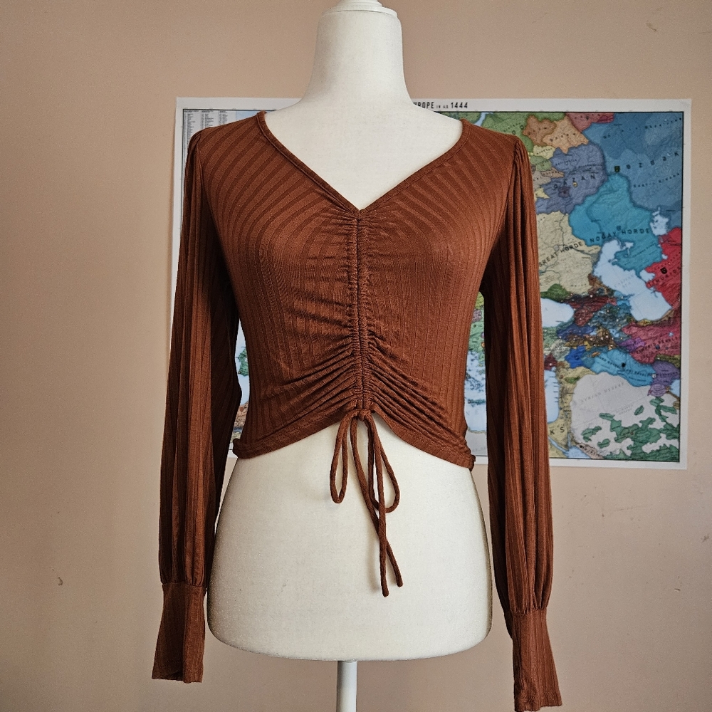 Rust Orange Ribbed Drawstring Top small